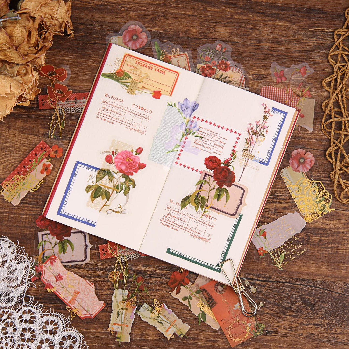 Dizdkizd Die Cut Gold Foil Floral Stickers (180 Pieces), Transparent Aesthetics Sticker Set Vintage Flower Decals for Scrapbooking Card Making Journaling Paper Crafting
