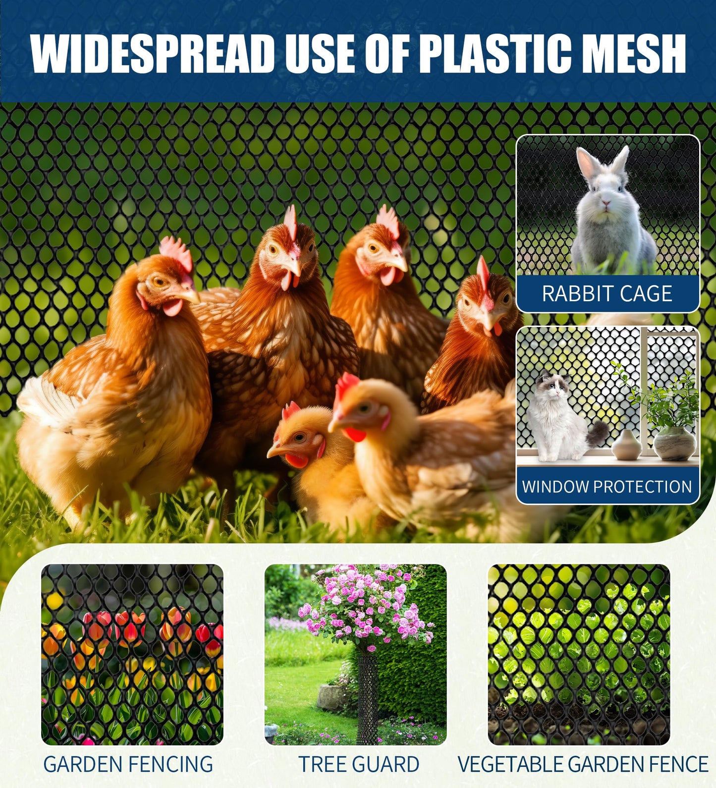 Moyios Black Plastic Chicken Wire Mesh Roll 15.7IN x 10FT, 500GSM Heavy Duty Hexagonal Fencing - Garden Netting for Poultry, Dog Rabbit Barrier, Floral Craft Wire, Easy to Cut Durable Mesh Fencing