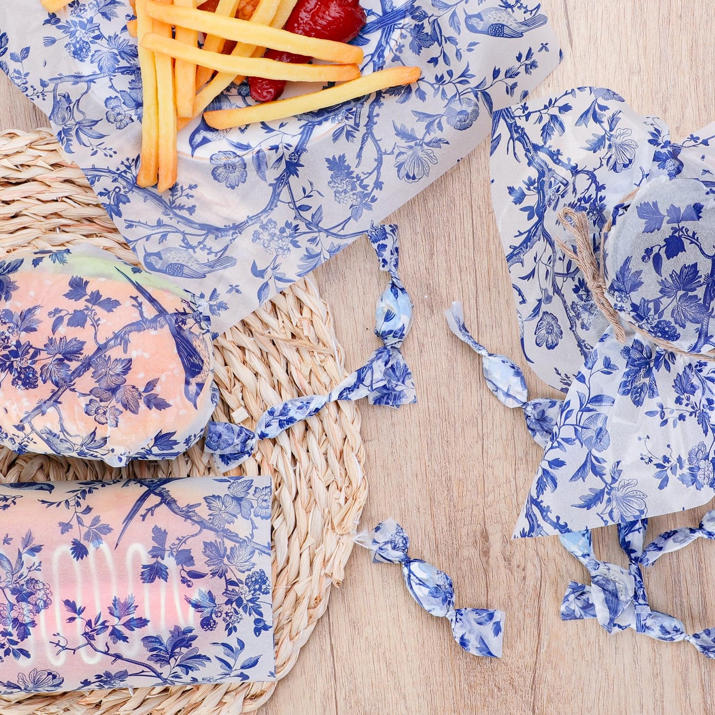 Bravopapier 150Pcs Blue Floral Bird Deli Paper, 9.8 x 8.3in Chinoiserie Floral Bird Grease Proof Food Wrap Paper Liners
