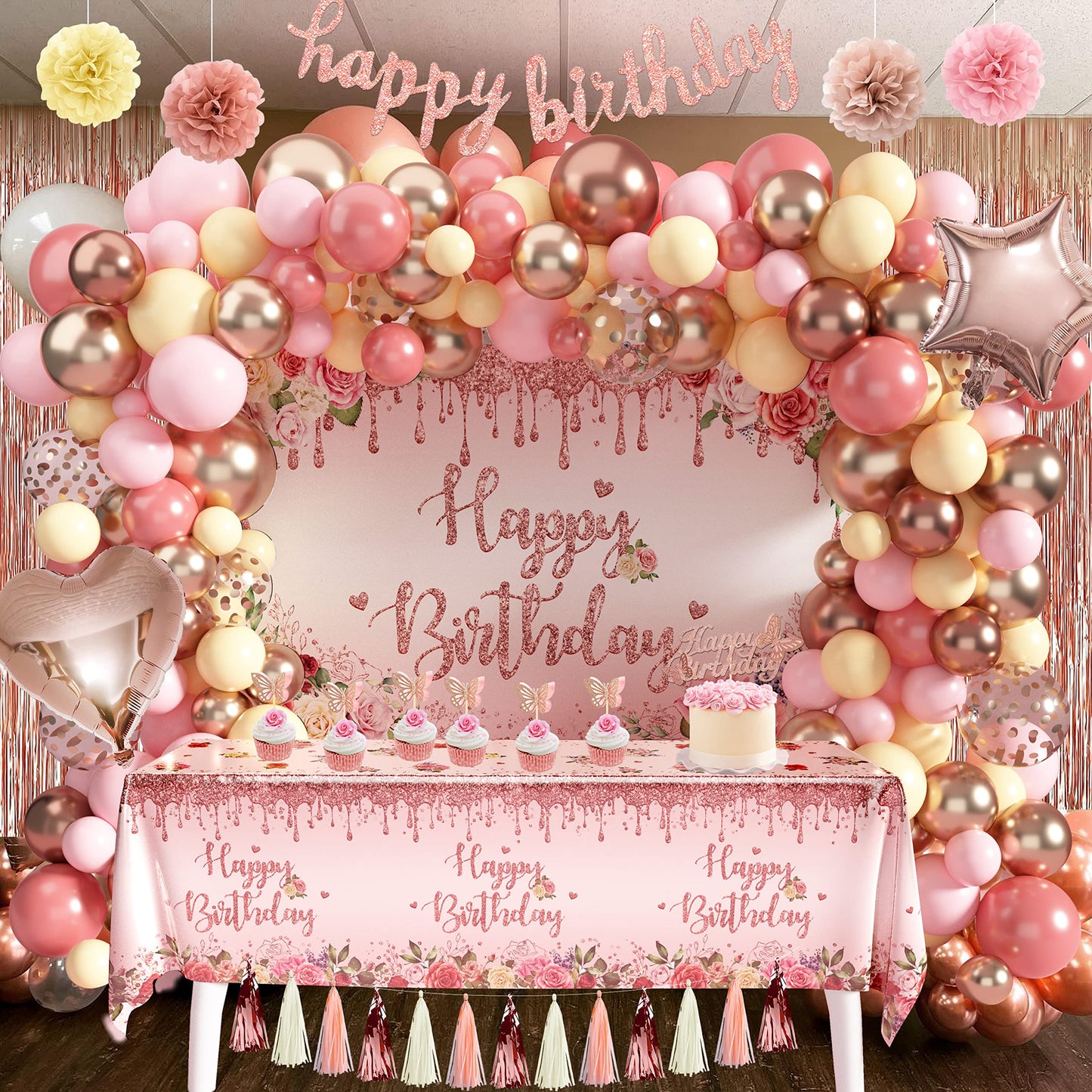 Rose Gold Birthday Party Decoration, 91 PCS Happy Birthday Pink Party Supplies for Girls Women (Banner Backdrop Tablecloth Fringe Curtains Balloons Garland Paper Tassels Garland Paper Pompoms)