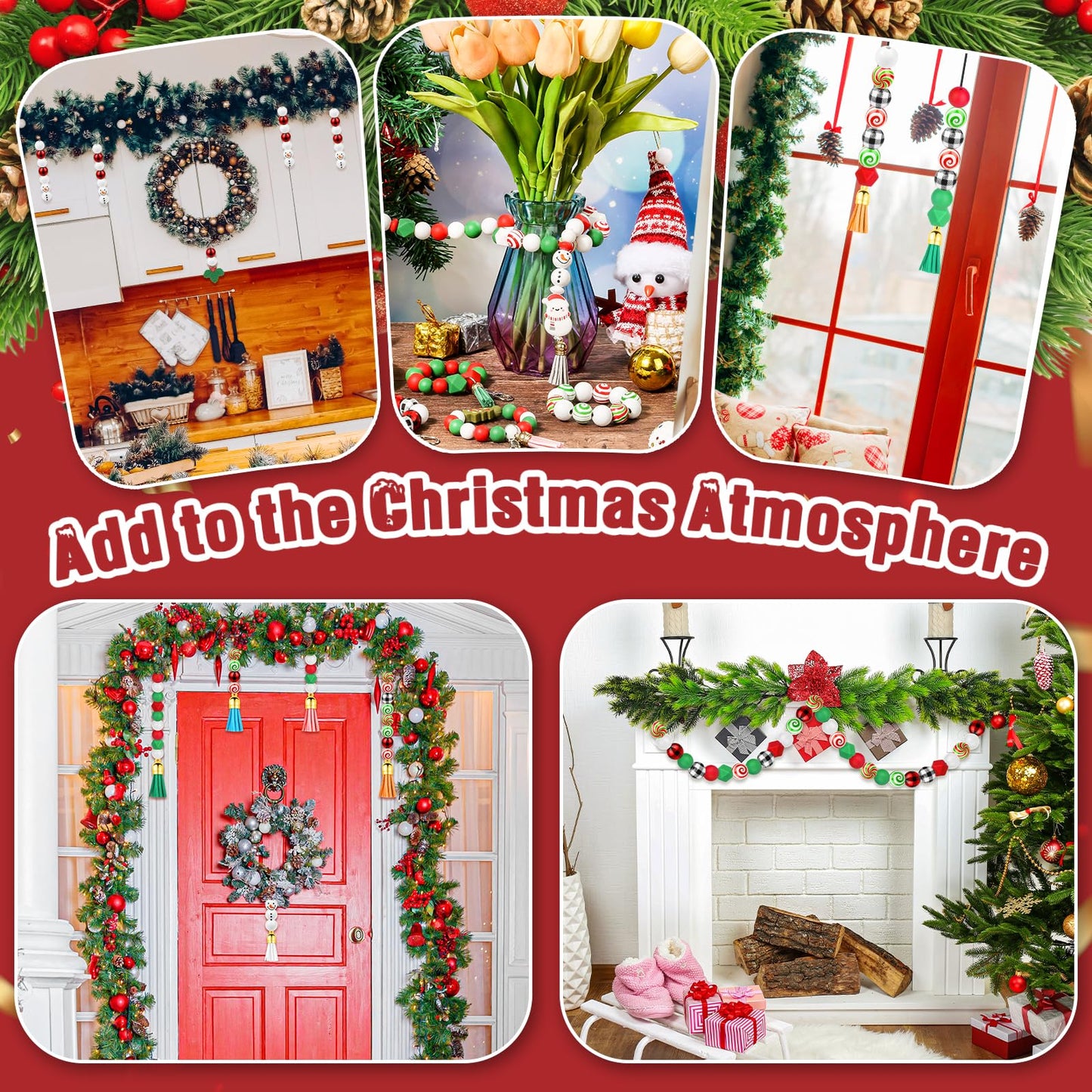 Lucomb 217 PCS Christmas Silicone Beads Bulk 15mm Silicone Beads Xmas Christmas Wooden Beads C y Cane Wood Beads Loose Rubber Beads Abacus Focal Beads Keychain Necklace Making Pens Crafts Ornament