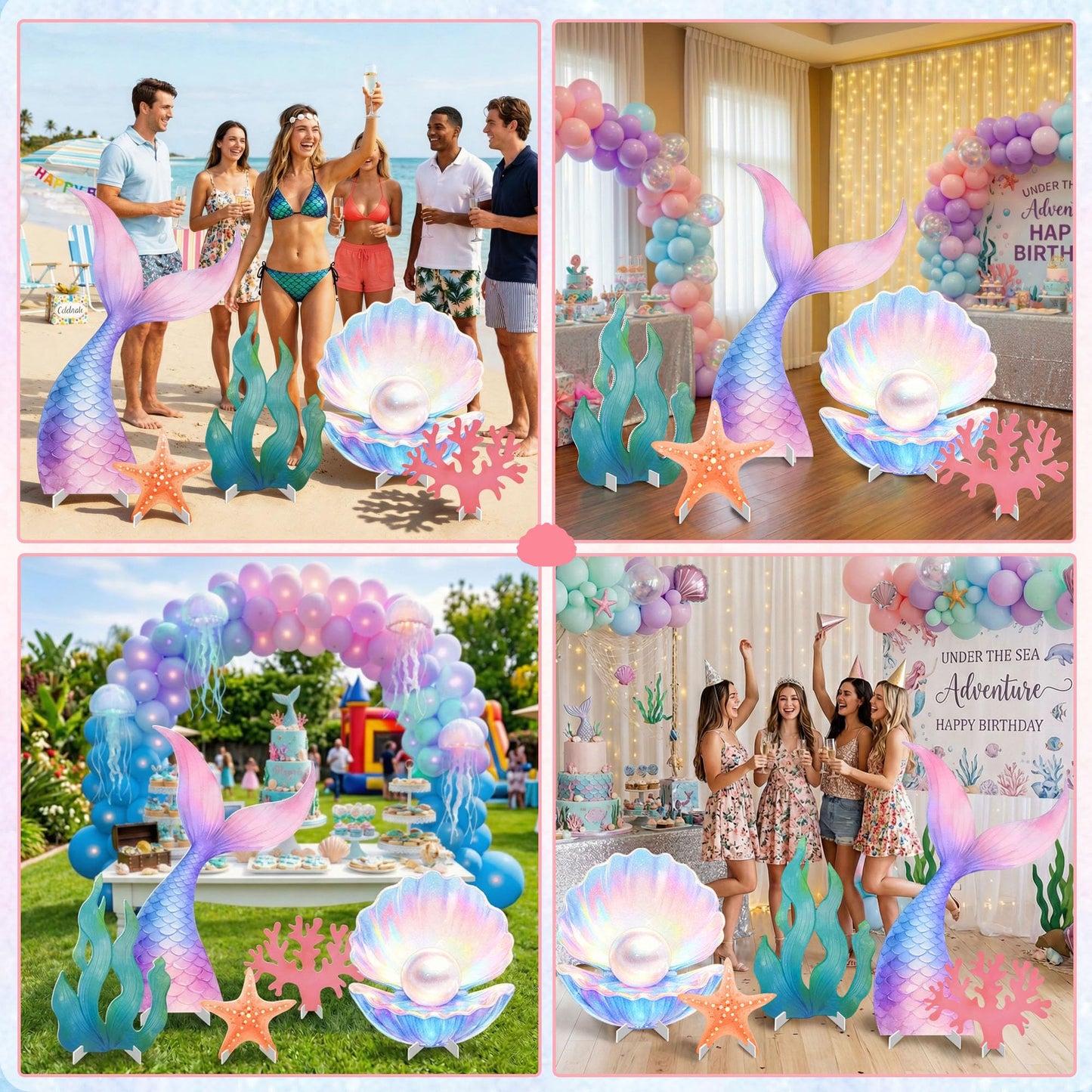 CORALMEE 5 Pcs Large Under the Sea Party Decorations Mermaid Birthday Decorations, Ocean Theme Party Supplies Mermaid Tail Shell Starfish Seaweed Coral Stand Up Cardboard Cutouts for Baby Shower