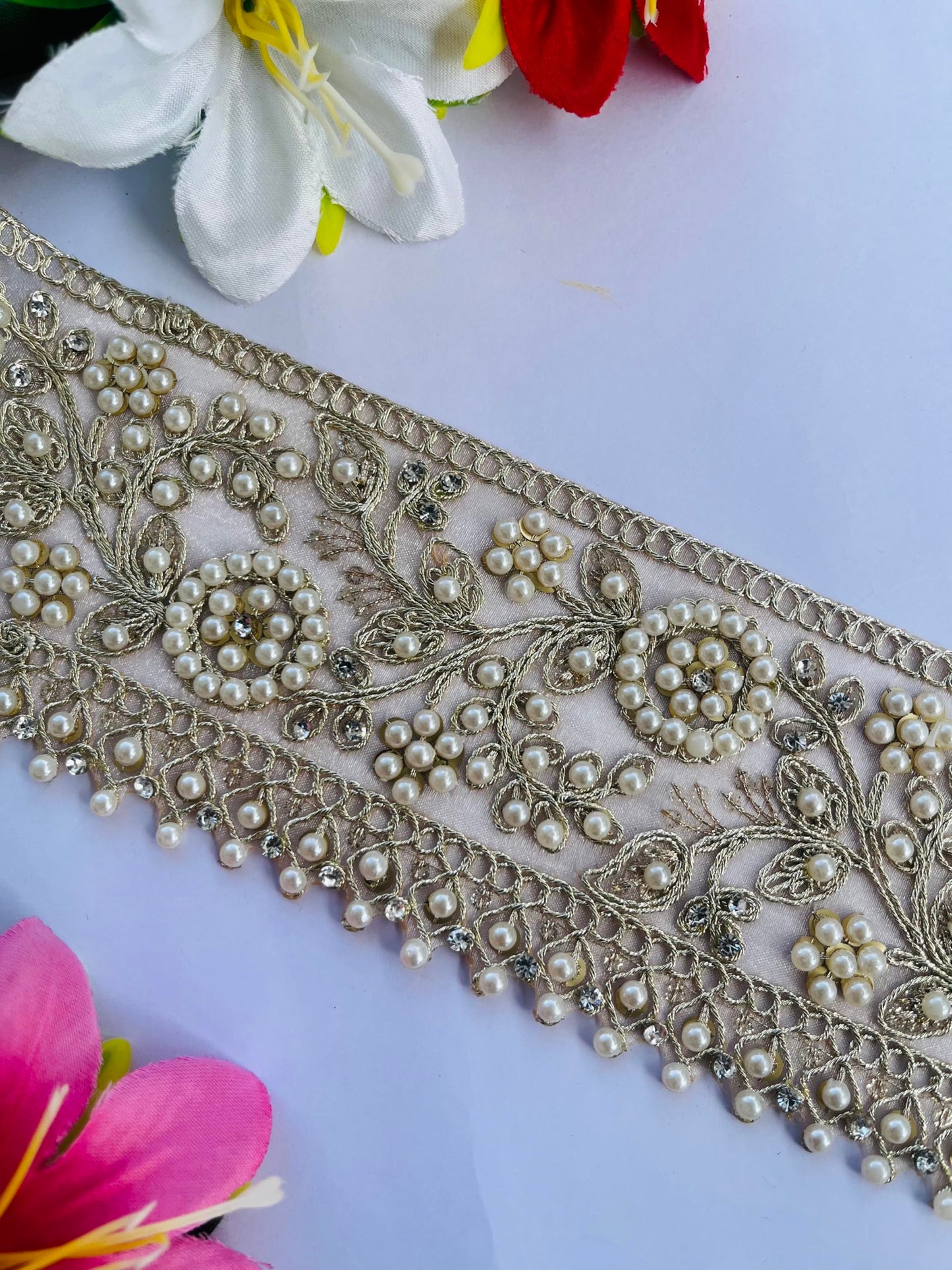 Luxury Pearl Embellished Lace Trim, 3 Inch Wide, Beaded Floral Pattern, Champagne Gold with Faux Pearls, Wedding Dress Decoration, Available in 1, 3 and 6 Yard (1)