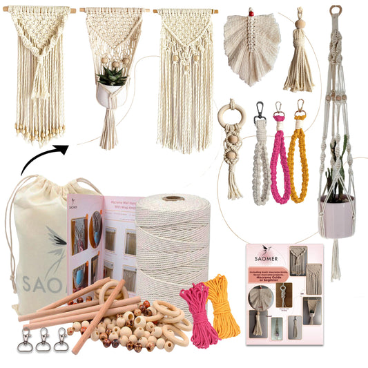 SAOMER 130 Pcs Macrame Kit for Beginners-219 Yards(657 Feet-3mm) 7 Easy Macrame DIY Projects Book-Starter Kit Has Dowel,Beads,Rings,Keychains,Bag(Gift) - Perfect Macrame Starter Kits