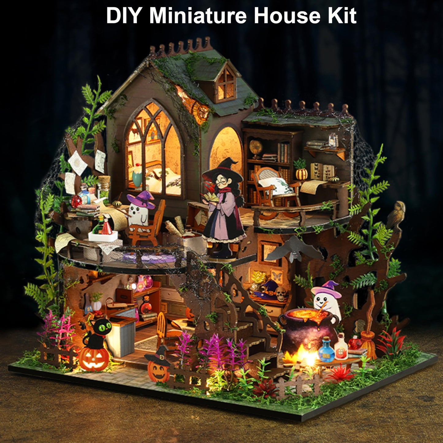 ISSEVE DIY Miniature House Kit, Tiny House Dollhouse Kit for Adults, Mini House Building Kits, Miniature Kit Adult Craft Diorama Kit Home Bookshelf Decoration, Gifts for Birthday (Magic Castle)
