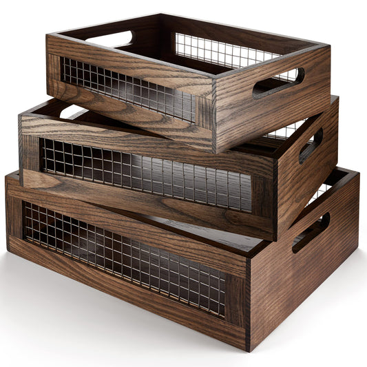 NAGAWOOD Set of 3 Wooden Nesting Countertop Baskets, Rustic Wood Storage Crates with Handles for Kitchen, Pantry, Bathroom, Fruit, Vegetables, Bread