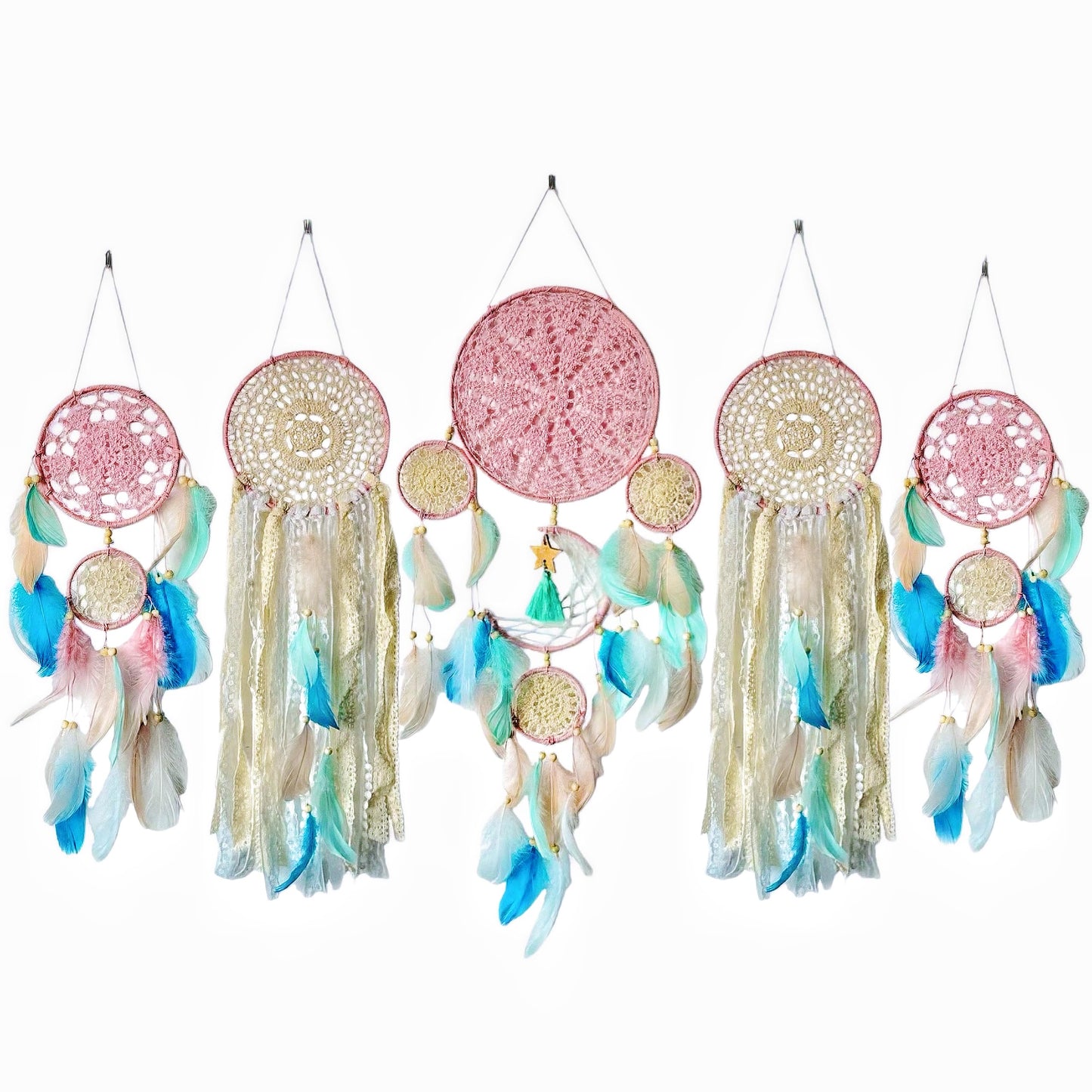 Handmade Dream Catchers Set of 5, Pink Boho Macrame Wall Hanging Decor for Women, Gift for Mother's Day, Birthday, Christmas, Housewarming, Nursery, Teen Girl Bedroom Aesthetic