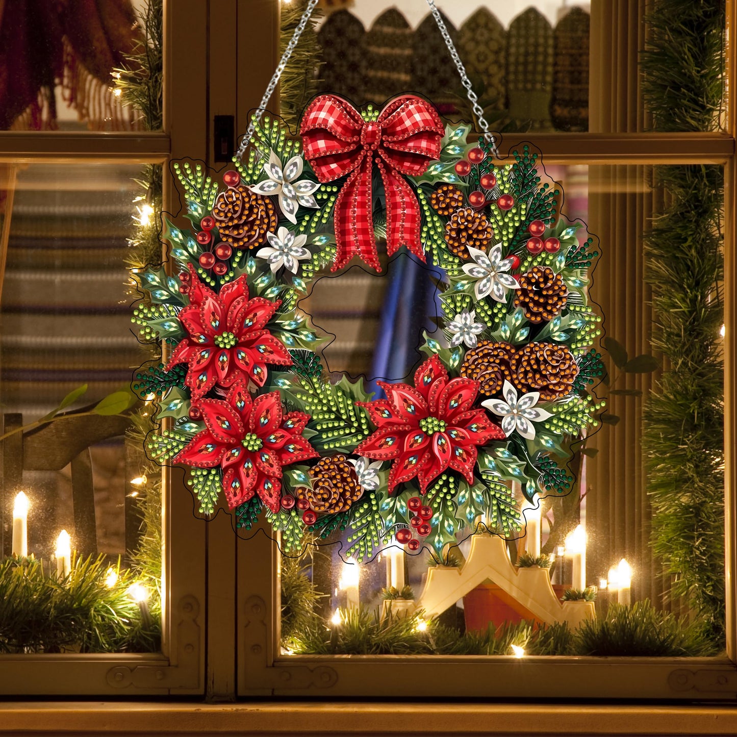 Diamond Art Hanging Kit for Adult,Special Shaped Rhinestone,DIY Acrylic Diamond Art Painting Window Pendants Home Garden Wall Hanging Kits Hanging Ornament,Double Sided. (Christmas Wreath)