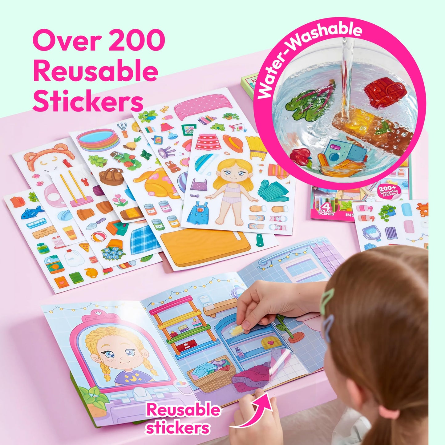 JOVA Klever Kits Reusable Sticker Book for Kids, My Dream Home 4 Play Scenes with 200+ Washable Stickers Plane Activity for Toddler Aged 3 4 5 6 7 8 Girls and Boys Birthday Gift