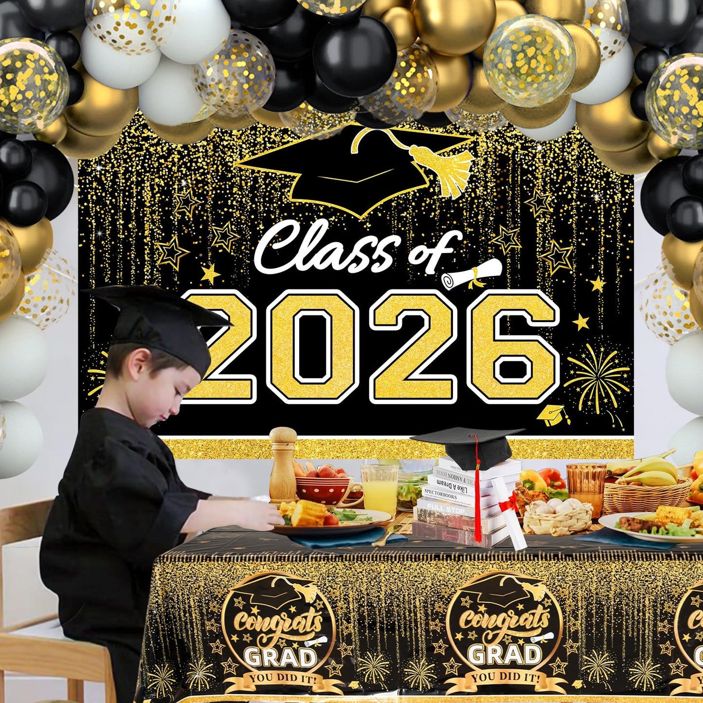 Graduation Decorations 2026, Black and Gold Balloon Garland Arch, Black and Gold Graduation Decorations with Congrats Grad Tablecloth and Class of 2026 Backdrop for High School College Grad Party