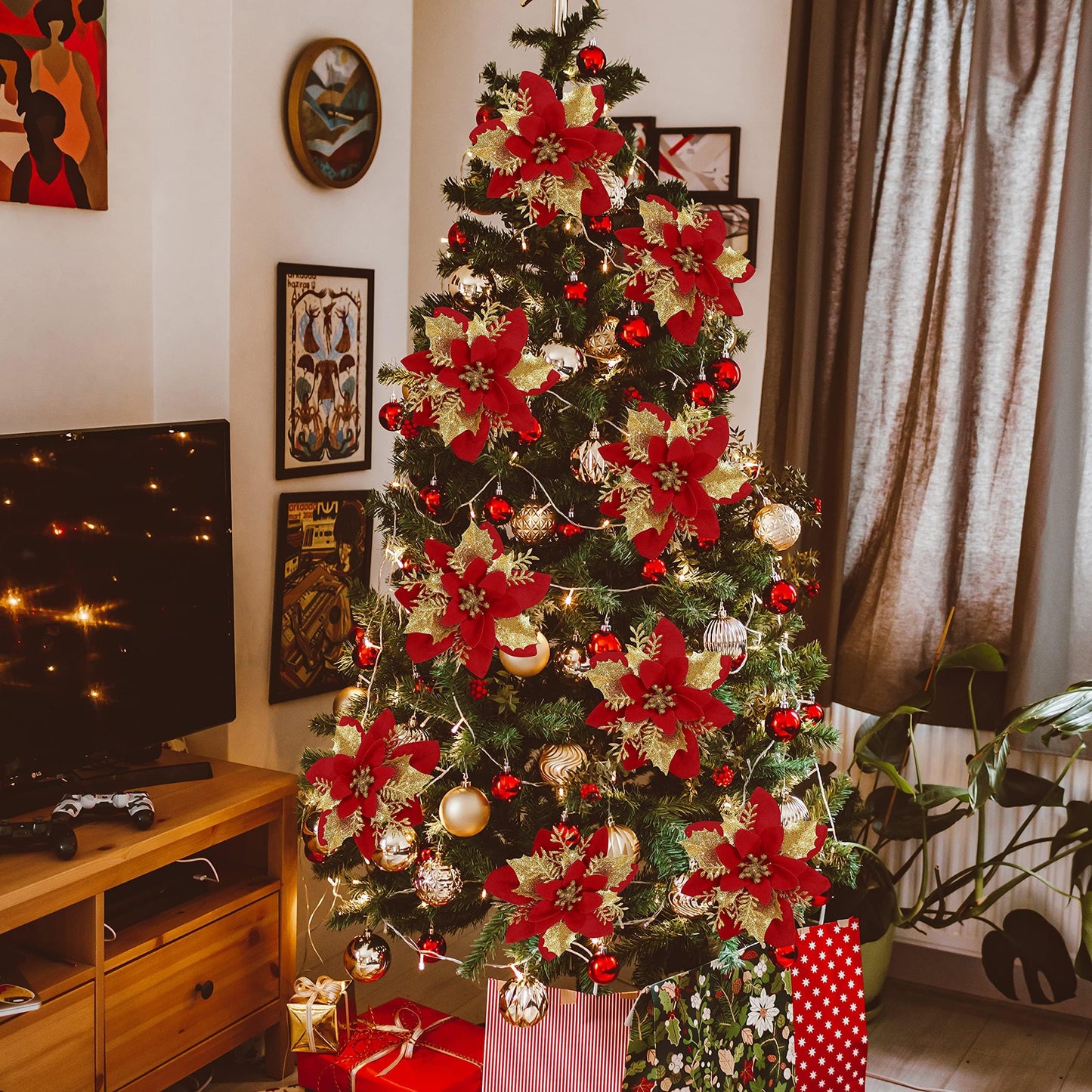 16 PCS Poinsettia Flower Artificial Poinsettia Christmas Decorations Glitter Poinsettias Christmas Ornaments Christmas Tree Flower Decorations with Clips DIY Xmas Wreath Holiday Weed Home Party Decor