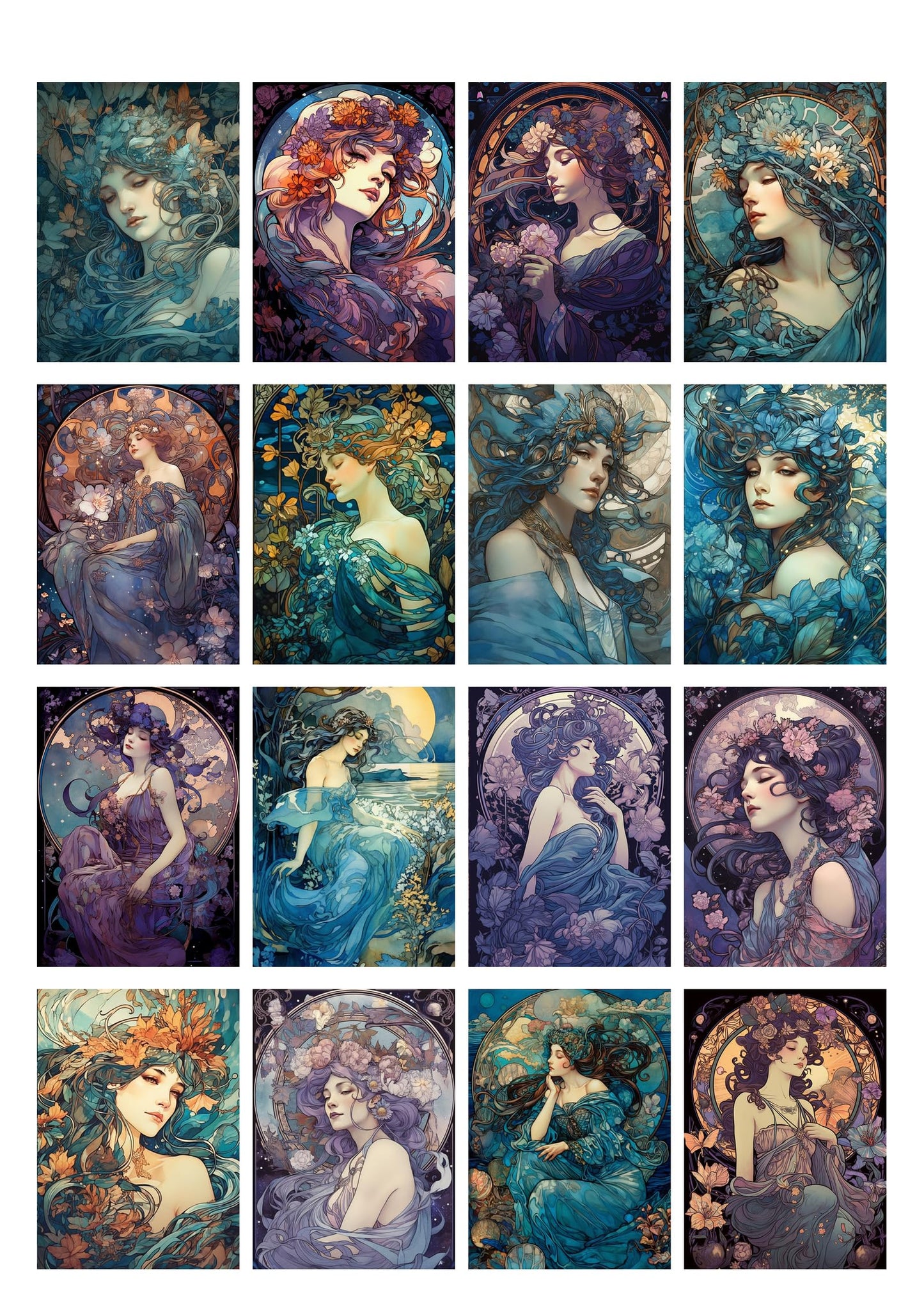 Decoupage Paper Pack (35 Sheets 6"x8") Calm Tranquil Beautiful Ladies of The Lakes and Oceans FLONZ Art Nouveau Alphone Mucha Vintage Illustration Pictures Cards for Decoupage, Craft and Scrapbooking