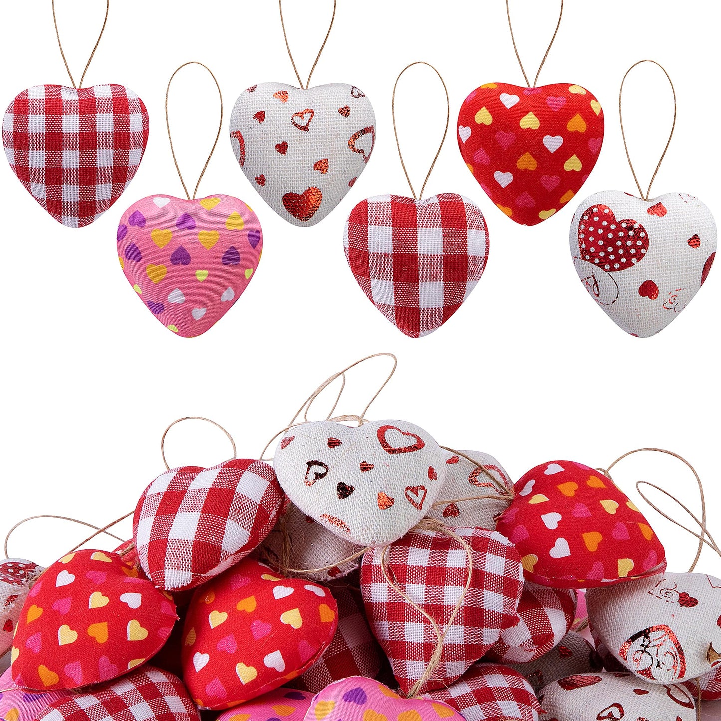 EBaokuup 30 Pcs Valentines Fabric Heart Ornament for Hanging-6 Styles Red Pink Buffalo Plaid Check-Heart-Shaped Hanging Decoration for Valentine's Day Home Decor Wedding Party DIY Crafts