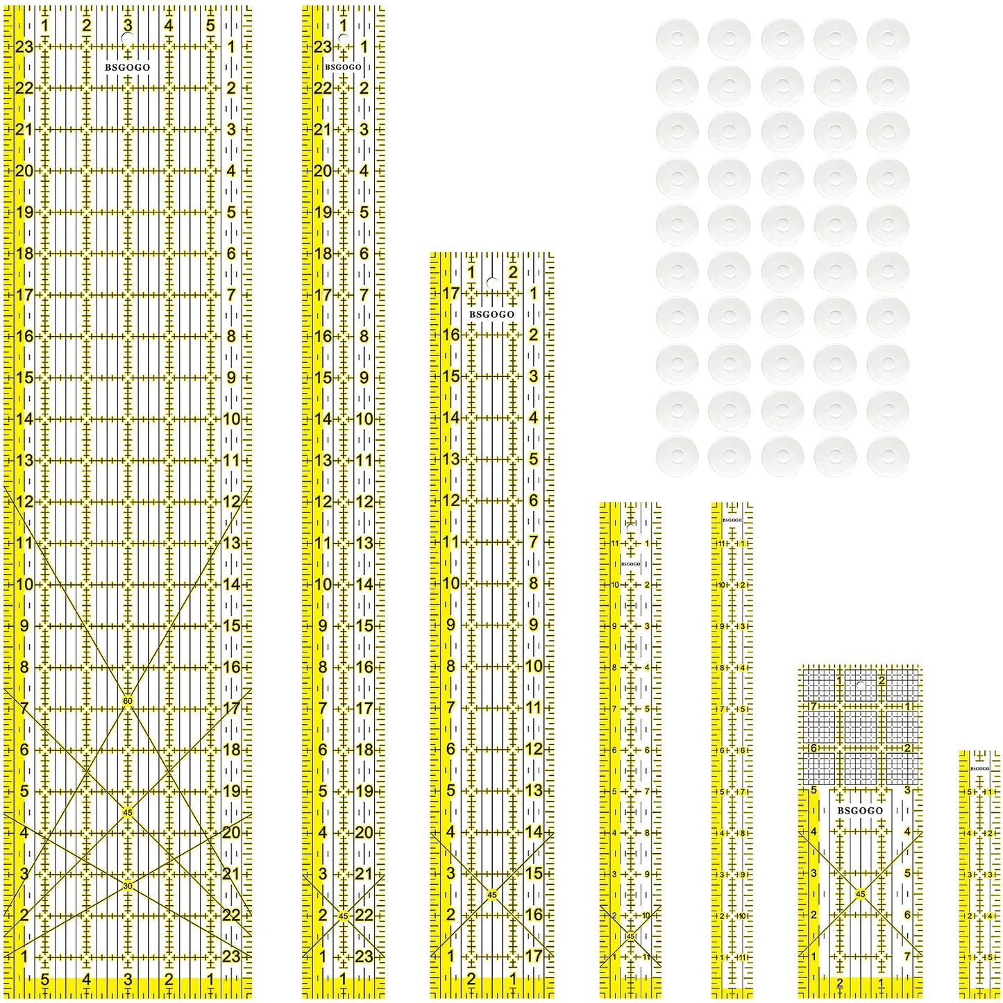 Acrylic Ruler 7 Piece Set, Non Slip Rings 50 Pieces, Quilting Rulers, Size (6"x24"), (2"x24"), (3"x18"), (3"x8"), (1.5"x12"), (1"x12"), (1"x6") (Yellow-7 Piece Set)