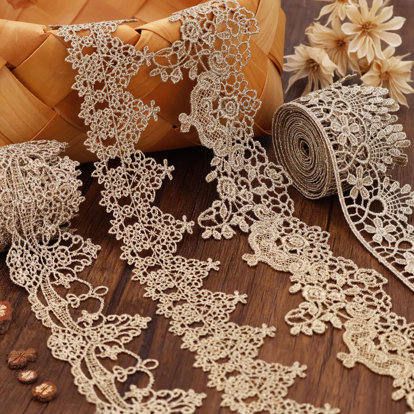 Gold Lace Trim 4 Style Each 2Yards Gold Lace Ribbon Metallic Crafts Lace Floral Embroidery Trim for Home Decoration Garments Accessories AIETSYEI