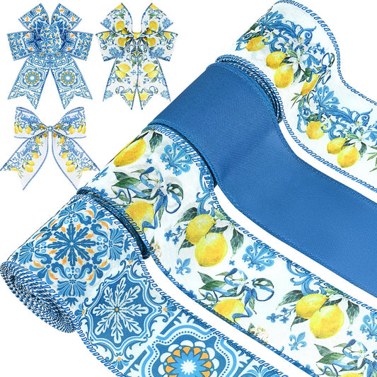 4Rolls 20 Yards Lemon Wired Edge Ribbon 2.5inch Summer Blue Tiles Yellow Lemon Printed Fabric Ribbon for Wreath Bow Making DIY Crafts Wrapping Supplies