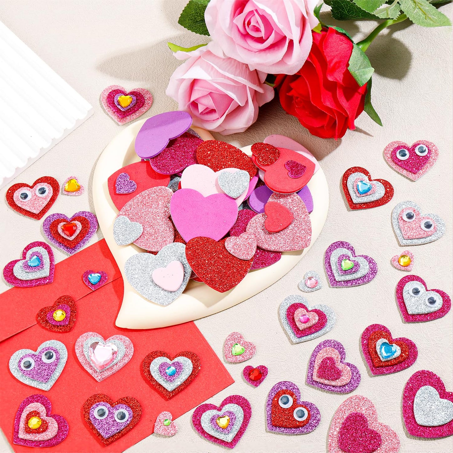 Japior 864 Pcs Valentines Foam Heart Stickers, Self Adhesive Glitter Heart Shaped Stickers with Gem Diomand and Googly Eyes for Valentine Craft Supplies