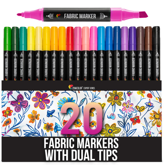 Zenacolor 20 Fabric Markers with Dual Tips - Vibrant Colors Fabric Markers Permanent for Clothes - Fine and Chisel Point Fabric Paint