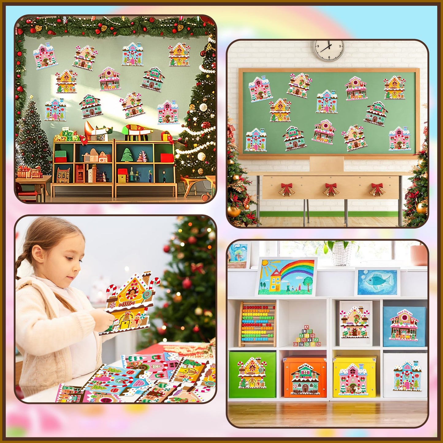 Aginc Berry 12Pcs Christmas Gingerbread Candy House Scene Sticker Art Craft, Make Your Own Christmas Candy House Sticker Scene with Xmas Tree Snowman Stickers for Kids, Xmas Holiday Party Favors