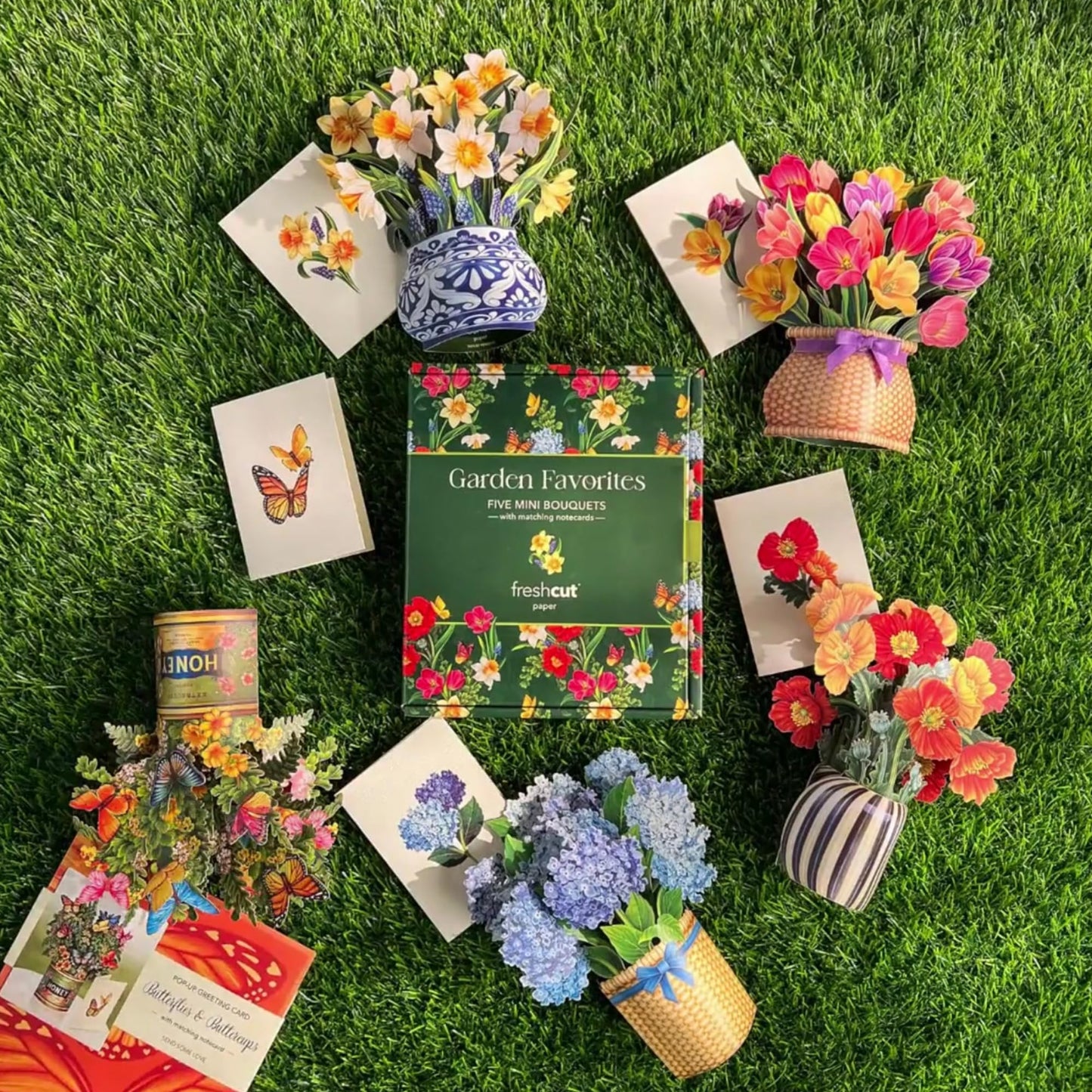 Freshcut Paper Pop Up Cards, Garden Favorites, 6 inch Mini Sized Paper Flower Bouquet 3D Popup Greeting Cards, Birthday Card, Thank You Card, Blank Notecards & Envelopes, Pack of 5