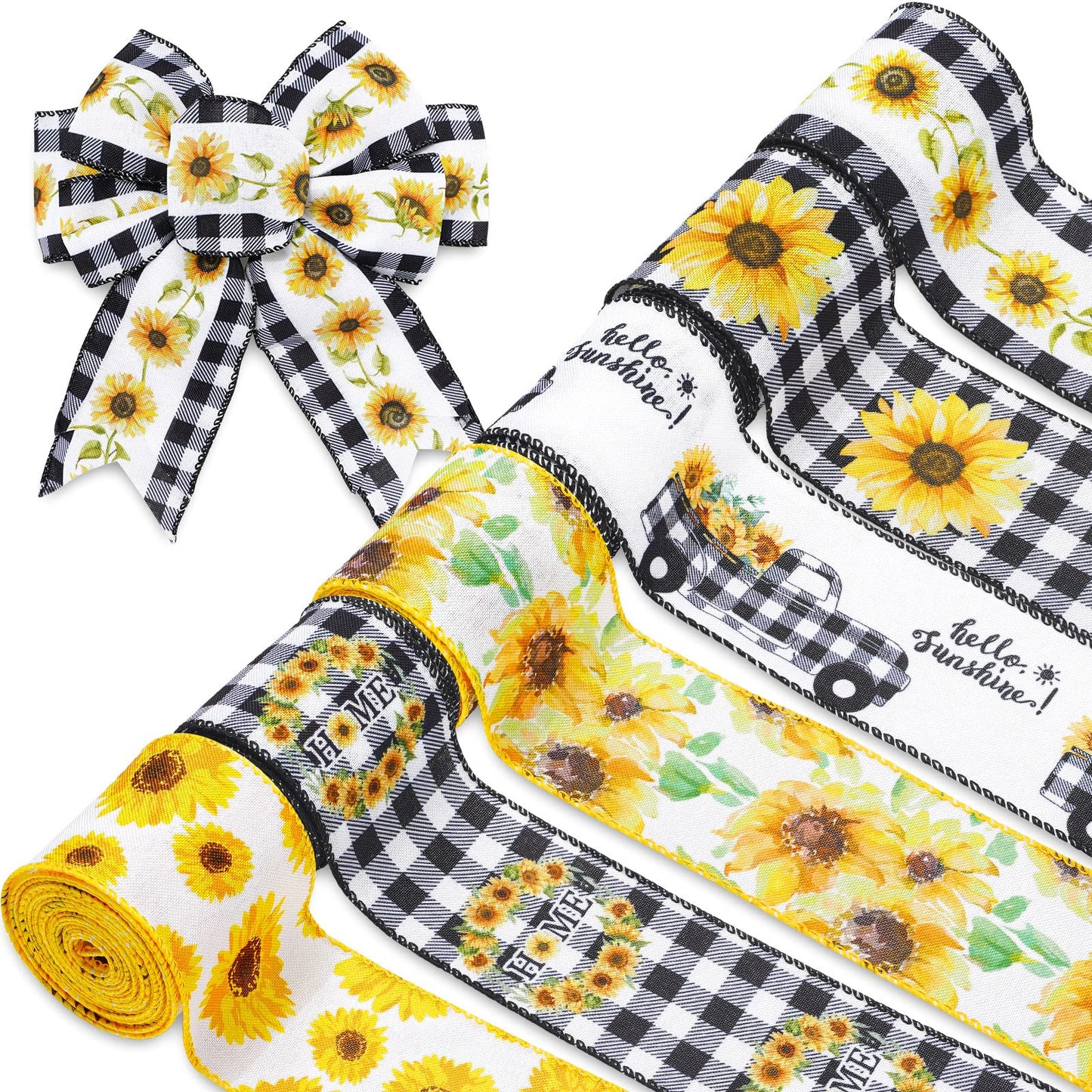Whaline 36 Yard Sunflower Wired Edge Ribbon 6 Roll 2.5 Inch Buffalo Plaids Flower Fabric Ribbon Spring Summer Floral Decorative Craft Ribbon for Gift Wrapping Decor Hair Bow Sewing Wreath Crafts