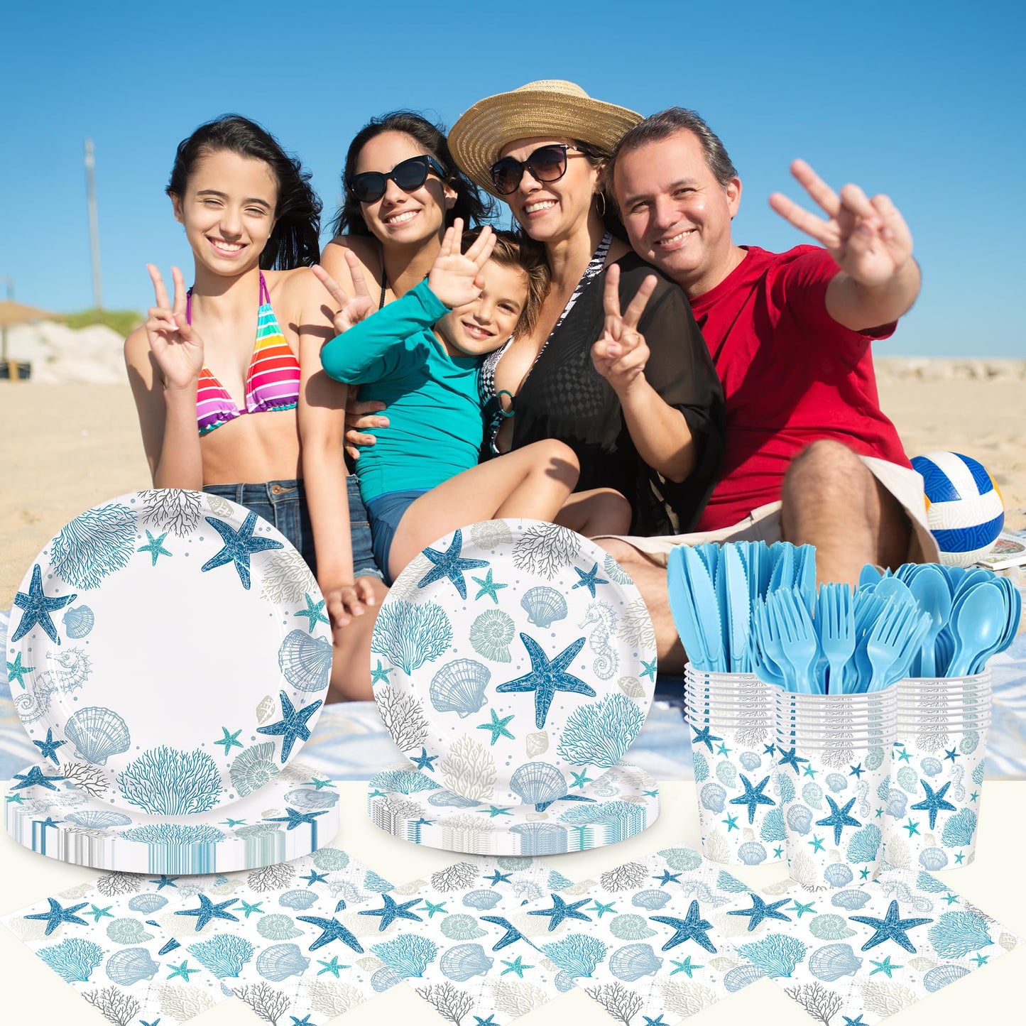 Vellumvibe 168pcs Coastal Beach Paper Plate Napkin Blue Starfish Seashell Party Supplies Disposable Tableware Set for Summer Ocean Birthday Party Decorations Serve 24 Guests