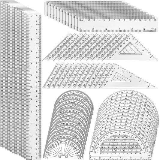 Tenare 72 Pcs Plastic Clear Math Set Includes Protractor Triangle Rulers 12 Inch 6 Inch Straight Geometry Math Transparent Ruler Measuring Tool for Office Home Supplies
