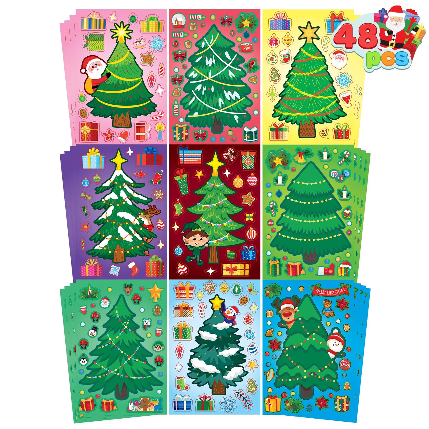 JOYIN 48 Pcs Christmas Sticker Sheets, Christmas Craft Supplies for Kids, Make Your Own Characters Mix and Match Sticker Sheets with Trees, Kids Party Favor Supplies, Xmas Classroom Activities Game