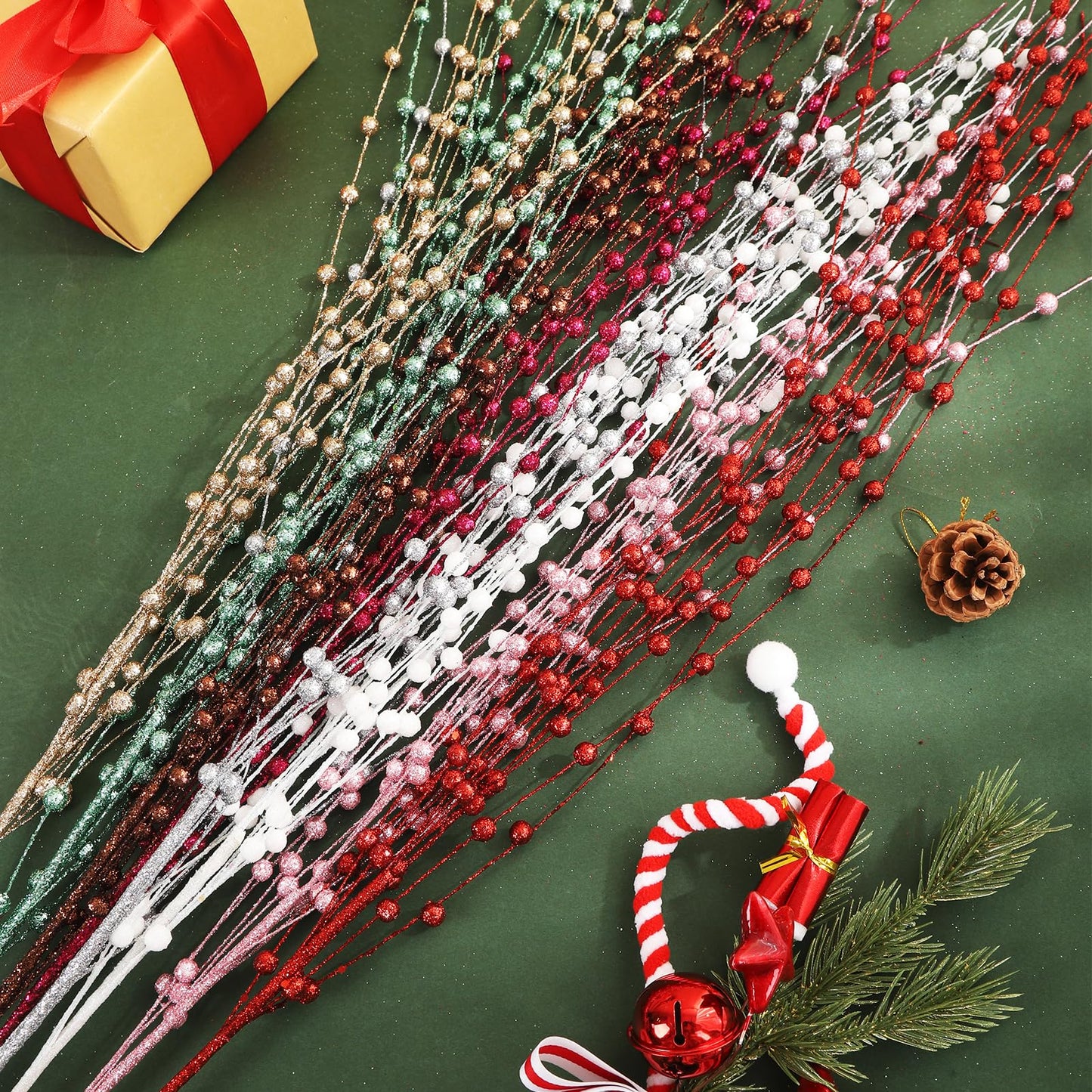 HRONG 24 PCS 39.37in Red Artificial Glitter Berry Stem Ornaments - Glittery Twigs，Branches for Christmas Tree Decorations, Holiday Wreaths, Wedding, DIY & Home Party Decor (Champagne)