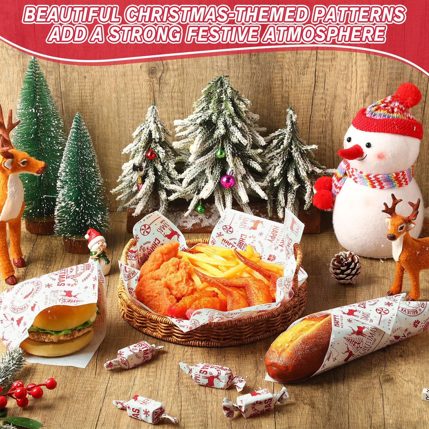 Tenceur 150 Pcs Christmas Wax Paper Sheets Parchment Deli Wraps Tissue Paper Baking Cookies Sandwich Decorative Wax Sheets Food Basket Liner Greaseproof Supplies(Red Reindeer)