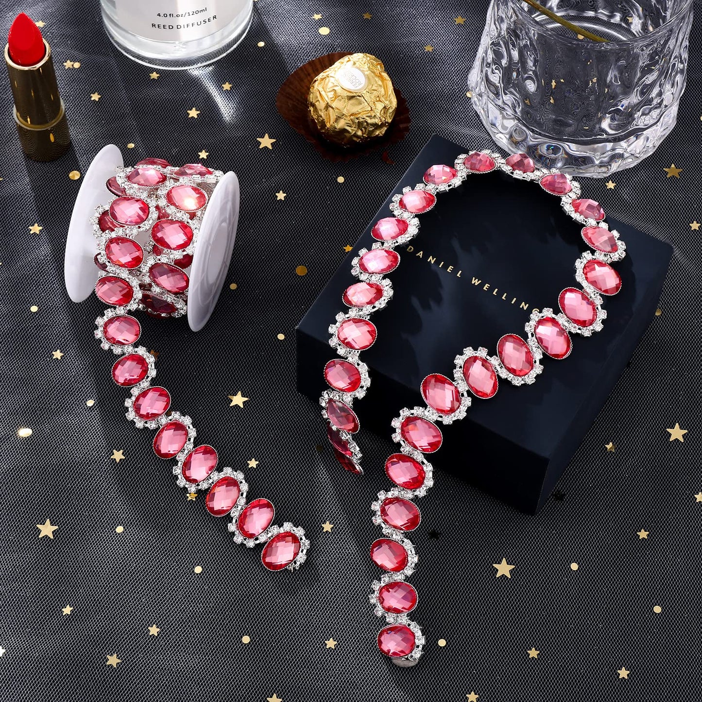 Rytenz 1 Yard Crystal Rhinestone Close Chain Pearl Beaded Trim Bridal Lace Ribbon Trimming Rhinestone Chain Trim for Wedding Party Decoration & Bridal Costume Embellishment Clothing Accessories