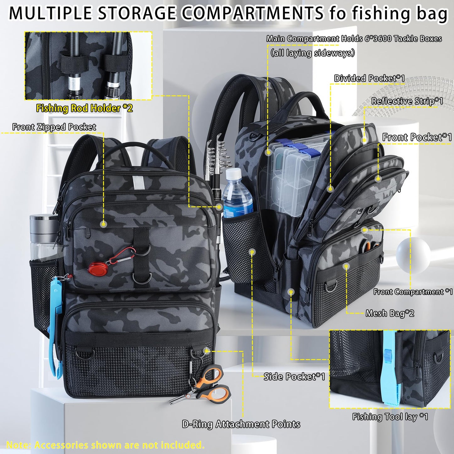 SKAITU Fishing Backpack with Tackle Boxes and Rod Holder, 24L Fishing Sling Bag with Fishing Lures Kit, Fishing Gear Bag Gifts for Men Women - Black Backpack