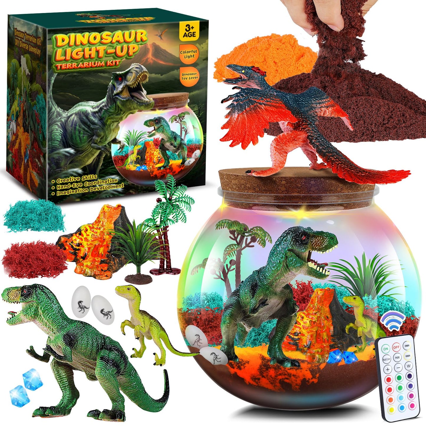 RONSTONE Dinosaur Terrarium Kit for Boys - Dinosaur Toys for Kids - DIY Your Own Light Up Terrarium Kit World - Christmas Birthday Dinosaur Gifts for Boys and Kids 5-7