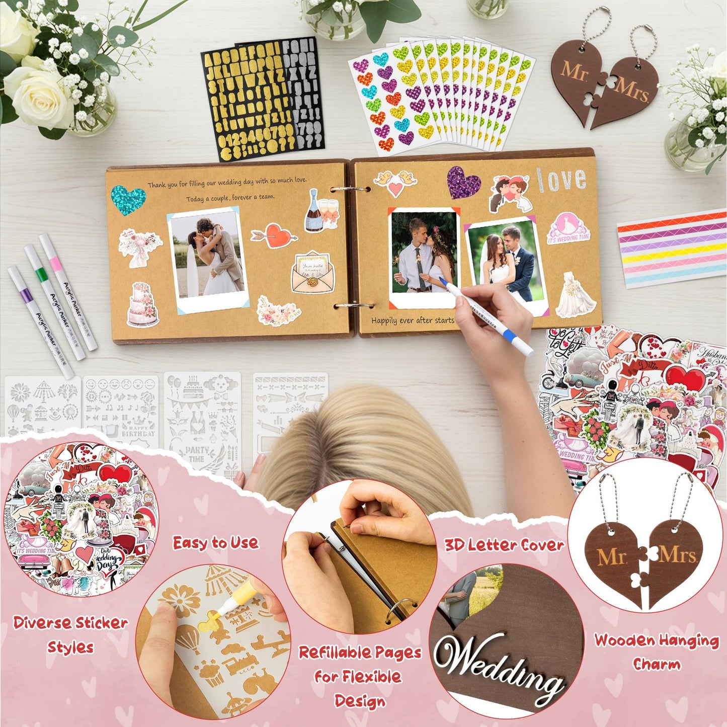 CY2SIDE Our Wedding Scrapbook Album - 111PCS DIY Wooden Memory Photo Book Craft Kit with Stickers Markers Stencils Photo Corner Mr & Mrs Ornament, Picture Journal Gift for Bridal Wedding Anniversary