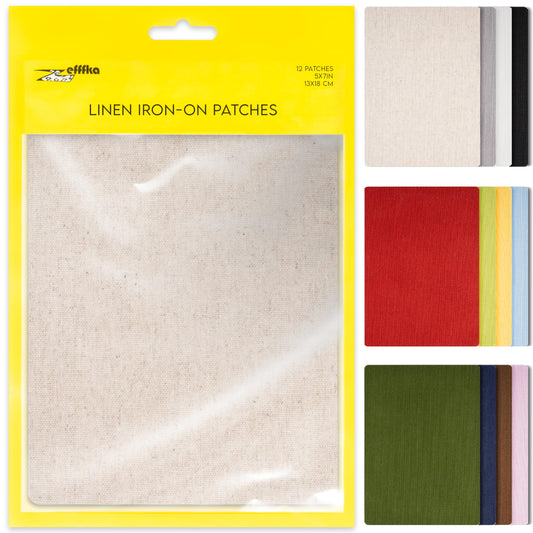 ZEFFFKA 12-Pack Linen Iron-on Patches Fabric Repair Kit for Clothing Shirts Pants Dresses Natural Look Strong Adhesive 12 Colors 30% Linen 70% Cotton 5” x 7”