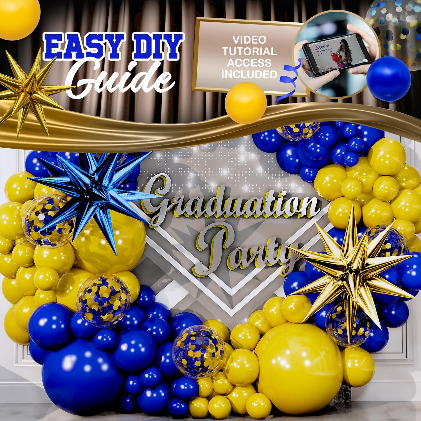 ALL-IN-1 Blue and Yellow Balloon Arch Kit with BONUS 2x Starburst Balloons - Yellow and Blue Balloons for Blue and Yellow Party Decorations, Graduation, Ucla Party, Club America Party Decorations