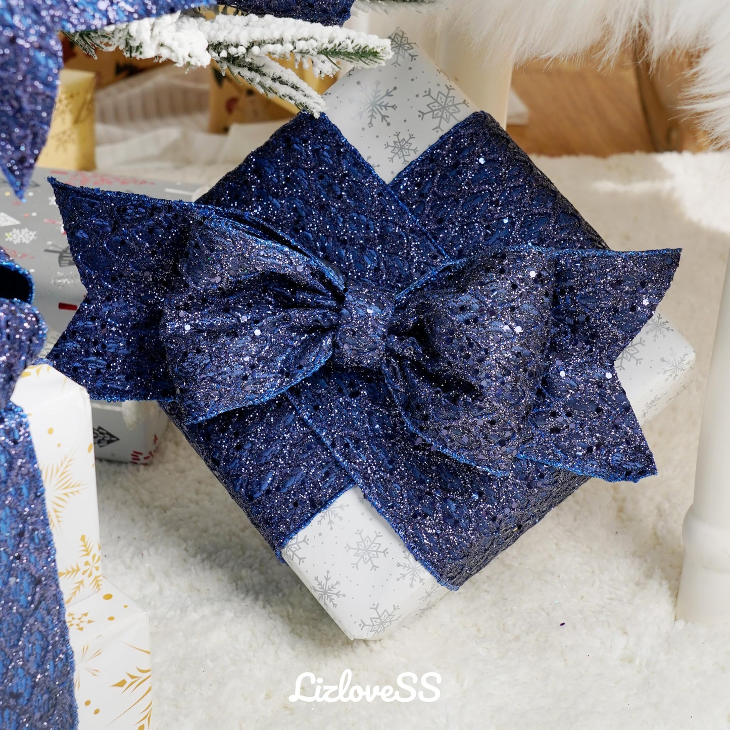 LIZLOVESS Navy Blue Christmas Ribbon 4" Glitter Mesh Wired Ribbon for Christmas Tree Blue Diamond Honeycomb Ribbon for Gift Wrapping, Crafts, Wreath Supplies, Garland, Tree Topper Bows - 10 Yards