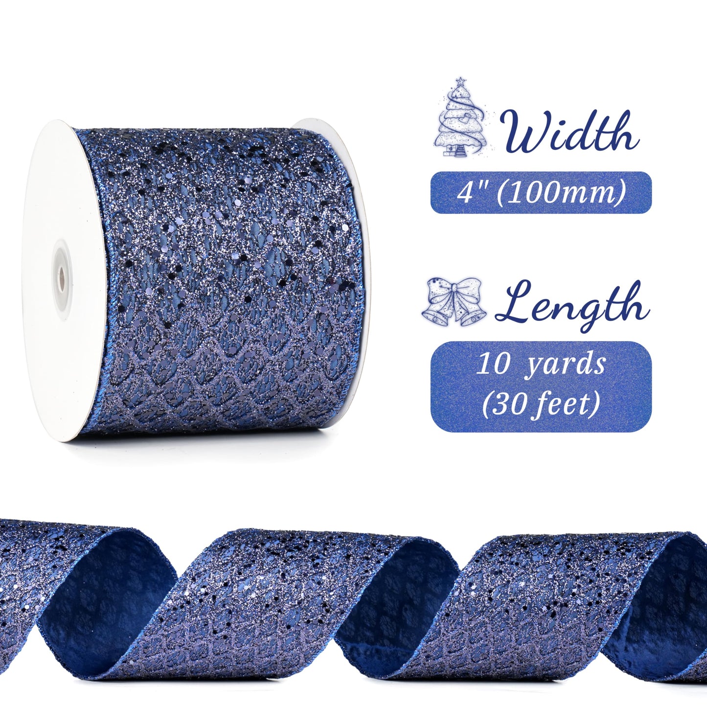 LIZLOVESS Navy Blue Christmas Ribbon 4" Glitter Mesh Wired Ribbon for Christmas Tree Blue Diamond Honeycomb Ribbon for Gift Wrapping, Crafts, Wreath Supplies, Garland, Tree Topper Bows - 10 Yards