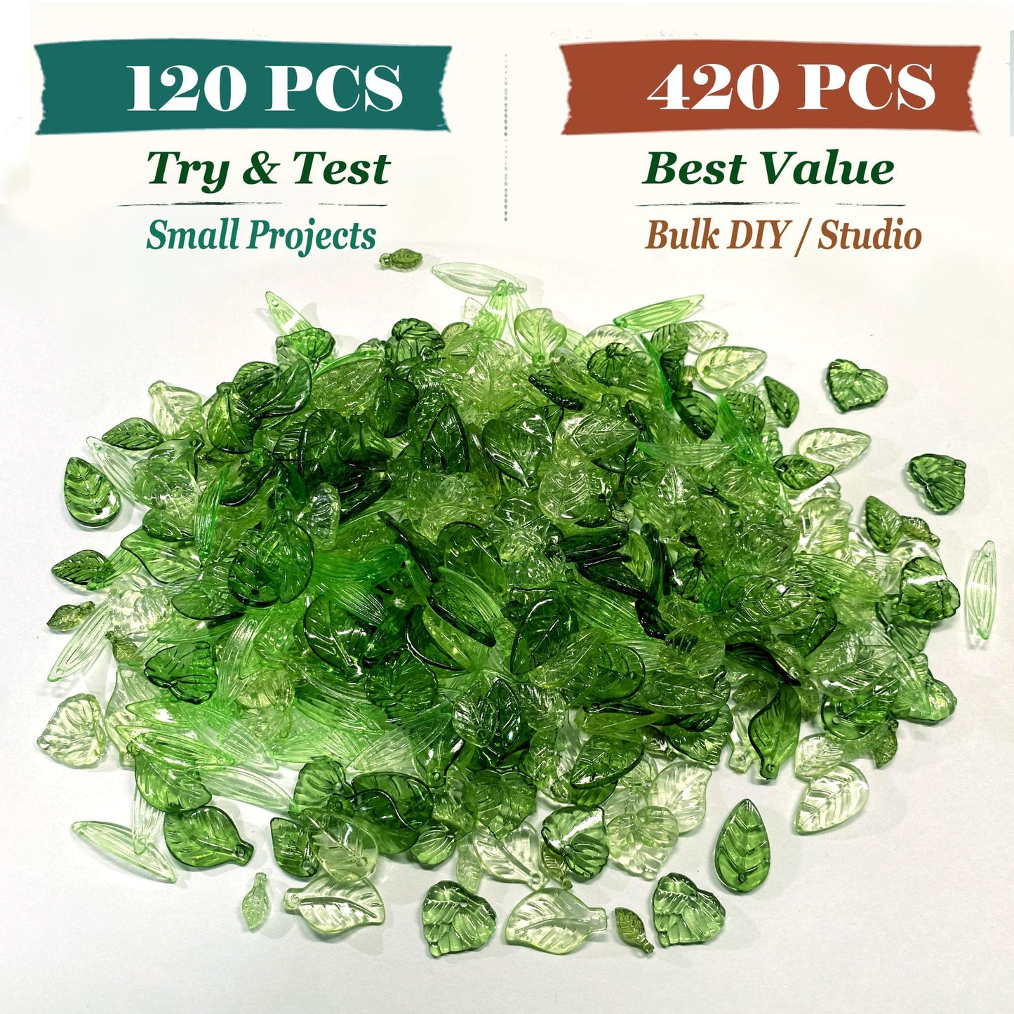 420PCS Green Acrylic Leaf Beads for Jewelry Making – Bulk Botanical Leaf Charms, Transparent Glass-Look Plant Beads for Earrings, Bracelets, Necklaces & Accessories (Mixed Styles)