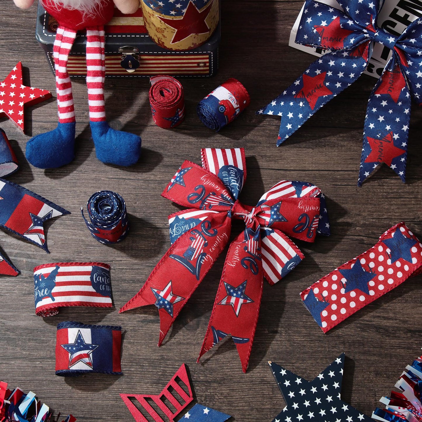 Tigeen 6 Rolls 30 Yards 250th Anniversary Memorial Day 4th of July Patriotic Ribbon Stars and Stripes Burlap Wired Edge Ribbon White Red Blue Decor for Independence Day Gift DIY Wreath Bow Craft