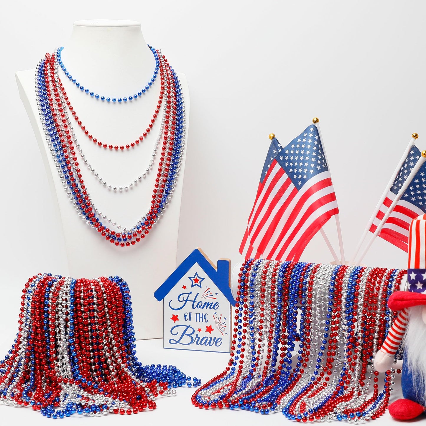 Huskein 200 PCS Beads Necklace, 33" Patriotic Necklace, Red Blue Silver Fourth of July Beads Accessories Party Supplies for Adult 4th of July Independence Day Memorial Day Veterans Day