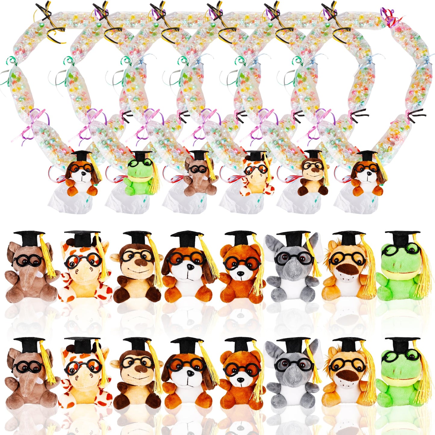 Mikasee 42 Pcs Graduation Stuffed Animal Candy Lei Making Kit 16 Graduation Stuffed Animal 16 Pcs Graduation Tube Bag with 10 Rolls Gift Ribbon for School Graduation Wreaths