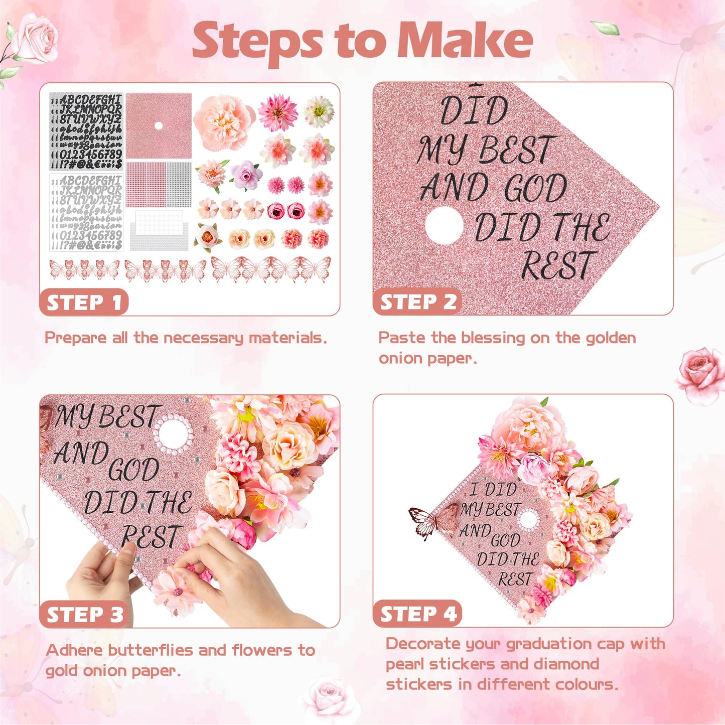 WATINC Graduation Cap Decorations Kit - Class of 2026 DIY Grad Hairband Cap with 3D Butterfly Flowers Rhinestones Pearl Letter Stickers, for Hat Topper Crafts School Class Party Supplies (Rose Gold)
