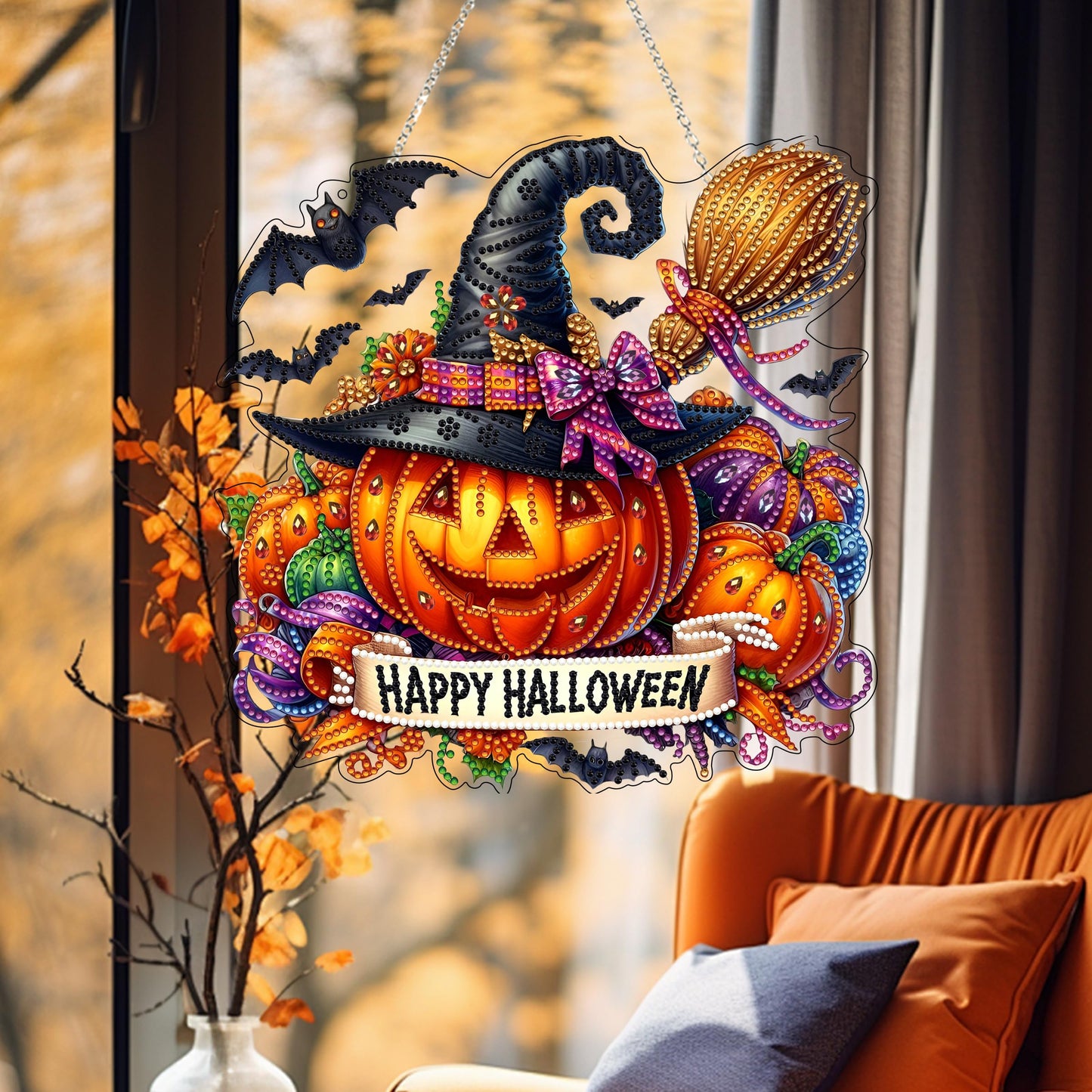 JJFox DIY Acrylic Diamond Art Painting Wreath Kits Special Shaped Rhinestone Diamond Art Window Pendants Home Garden Wall Hanging Kits Hanging Ornament (Happy Halloween)