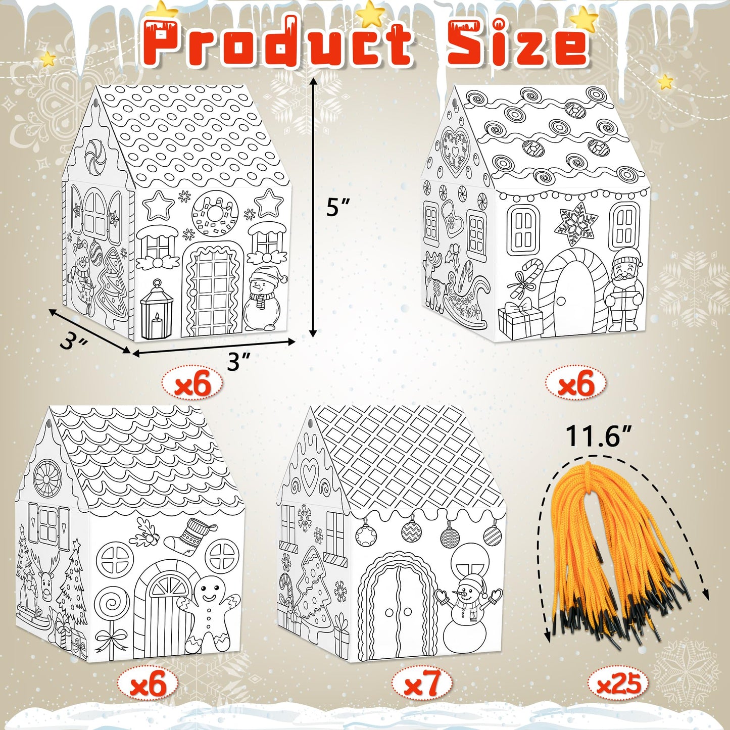 80UncleKimby 25Sets Christmas Gingerbread House Coloring Kit Cardboard Houses to Color with Twines Xmas DIY Painting Arts Crafts Classroom Activities Holiday Party Favors Bulk