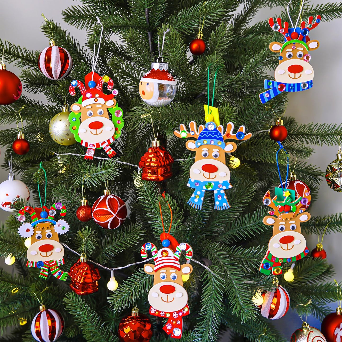 Winlyn 24 Sets Christmas Craft Kits Winter Crafts DIY Xmas Reindeer Head Ornaments Decorations Festive Foam Stickers Christmas Arts and Crafts for Kids Holiday Home Classroom Activities Party Favors