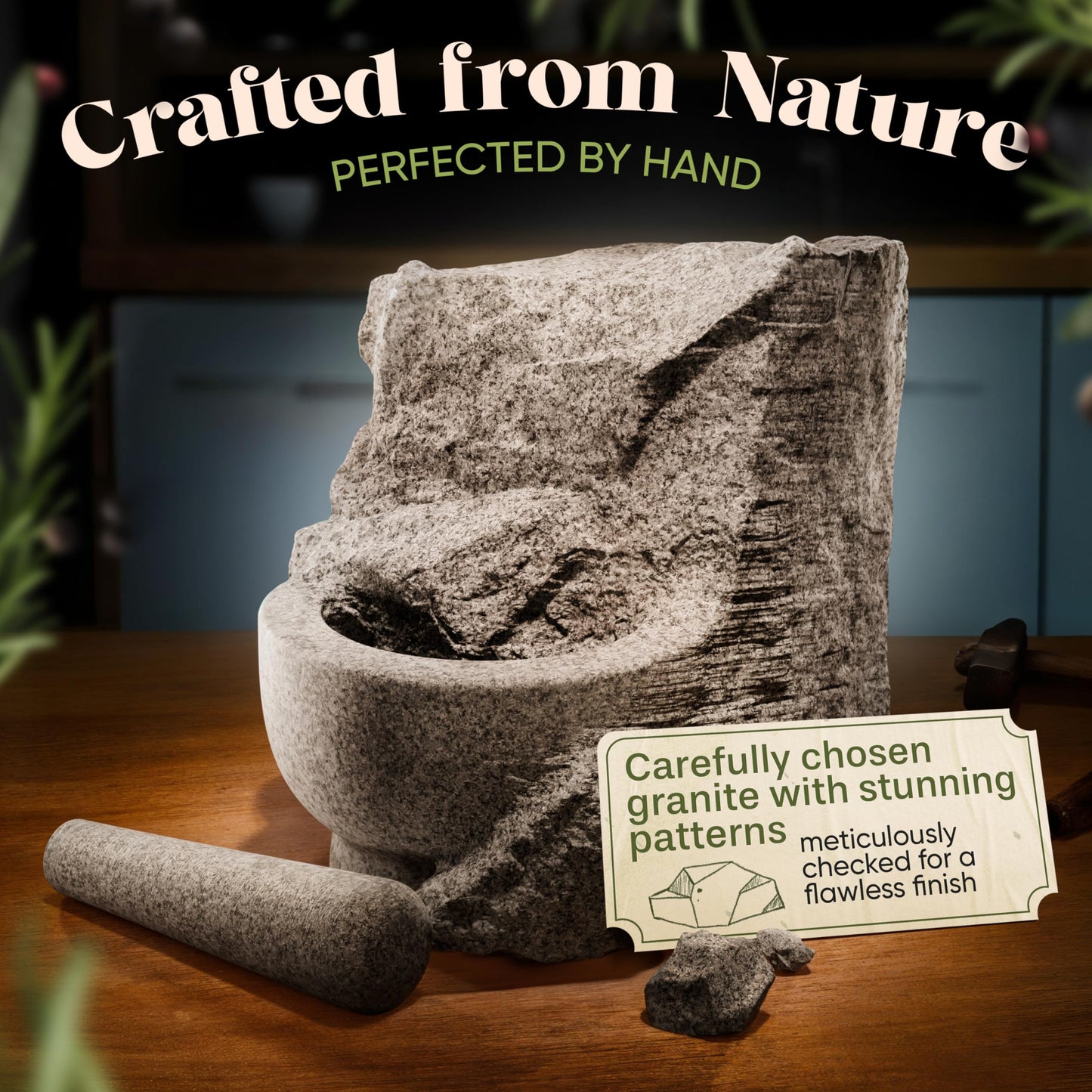ChefSofi Mortar and Pestle Set - 6 Inch - 2 Cup Capacity - Unpolished Heavy Granite for Enhanced Performance and Organic Appearance - Included: Anti-Scratch Protector