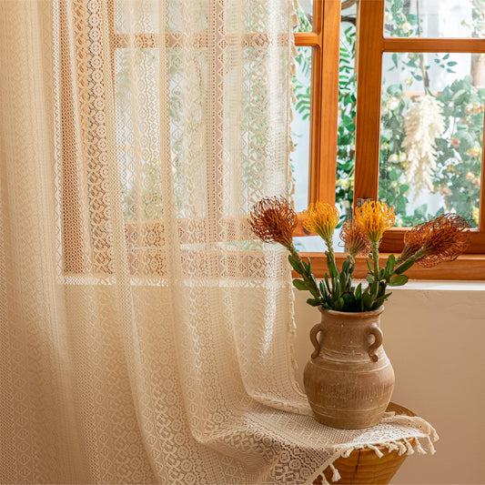 Sutuo Home Beige Boho Lace Curtains 72 inches Long for Nursery Bedroom, Sheer Curtains Privacy Crochet Light Filtering Vintage Tassels Bohemian Window Treatments Geometry Rod Pocket, 2 Panels 50" W