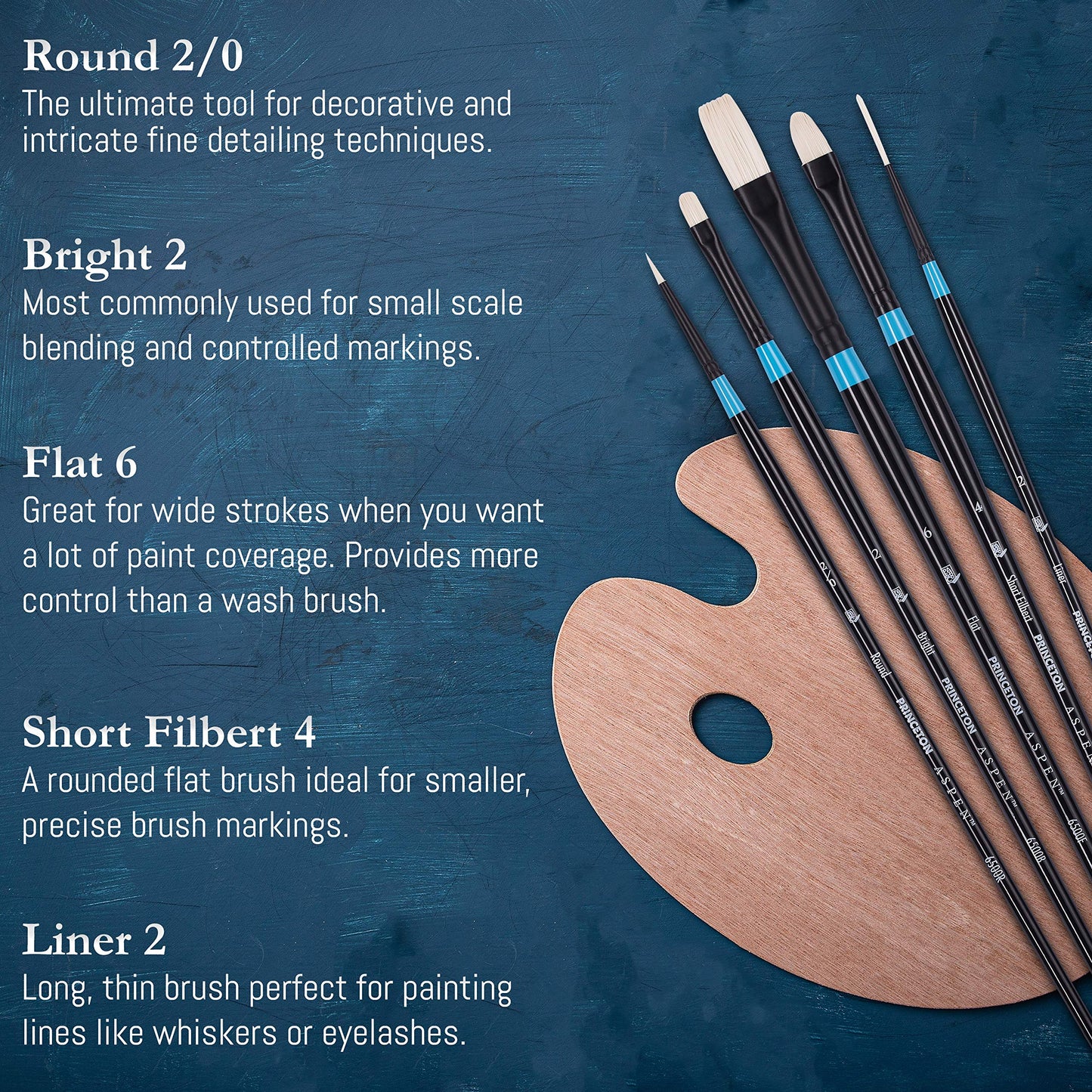 Princeton Aspen 6500 Series 5pc Professional Paint Brushes for Acrylic Painting - Synthetic Oil, Gouache, and Acrylic Paint Brushes Set - Filbert Striper Flat & Round Set of Art Brush