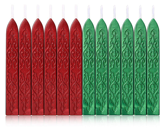 Yoption 12 Pcs Sealing Wax Sticks with Wicks, Antique Metallic Green Red Totem Fire Manuscript Seal Wax for Wax Seal Stamp (Metallic Green+Metallic Red)